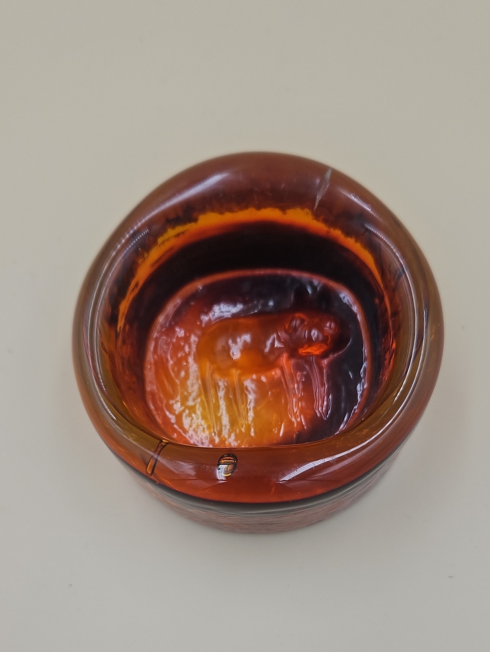 Amber Glass Animal Ashtray with Sculpted Cartoon Cat
